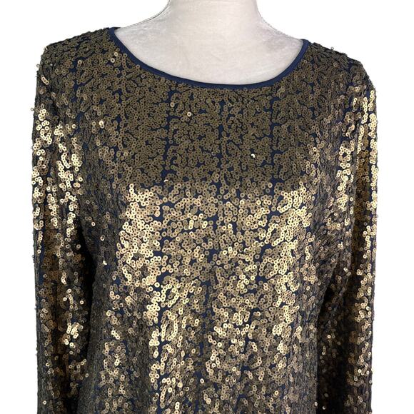 NY Collection Sequined Sheath LS Dress Large Gold Navy New - Picture 10 of 12